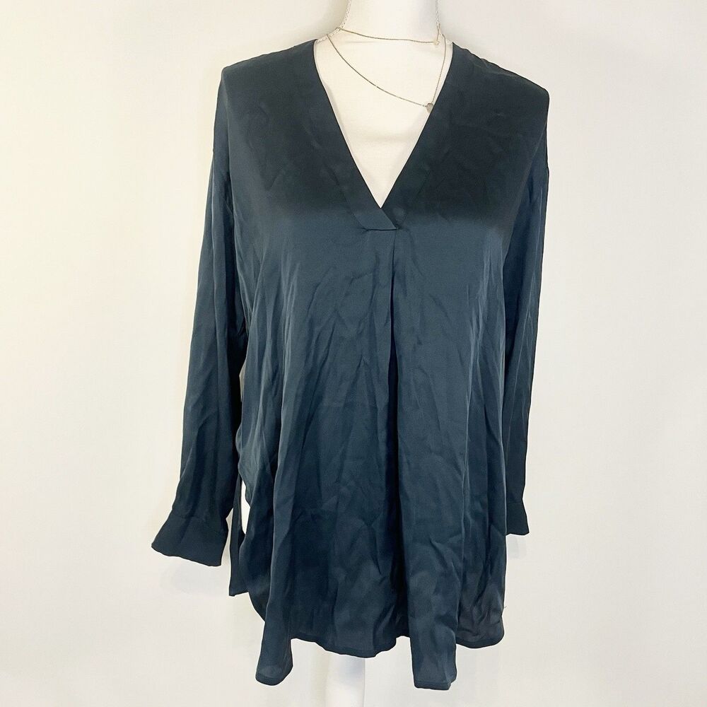 Vince Blouse Shirt Top Long Sleeve Charmeuse  Silk blend Dark Teal Blue Size M